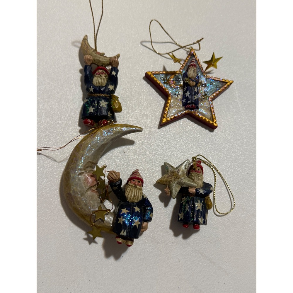 P. Schifferl Celestial Santa Moon Star Christmas Ornaments Set of 4 Blue Gold